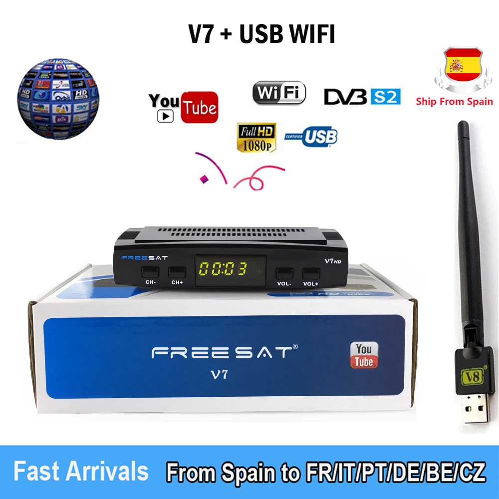 

FREESAT V7 HD Digital Satellite Receiver DVB-S2 V7S HD Full 1080P+USB WIFI Antenna VS resiver satelite TV Receptor
