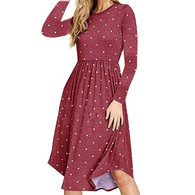 النساء Vestidos حزب اللباس مطوي البولكا نقطة جيب سوينغ عارضة ميدي اللباس زائد حجم فستان بكم طويل عالميا جديد