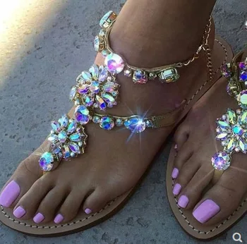 

Woman Sandals Women Shoes Rhinestones Chains Thong Gladiator Flat Sandals Crystal Chaussure Plus Size tenis feminino 698