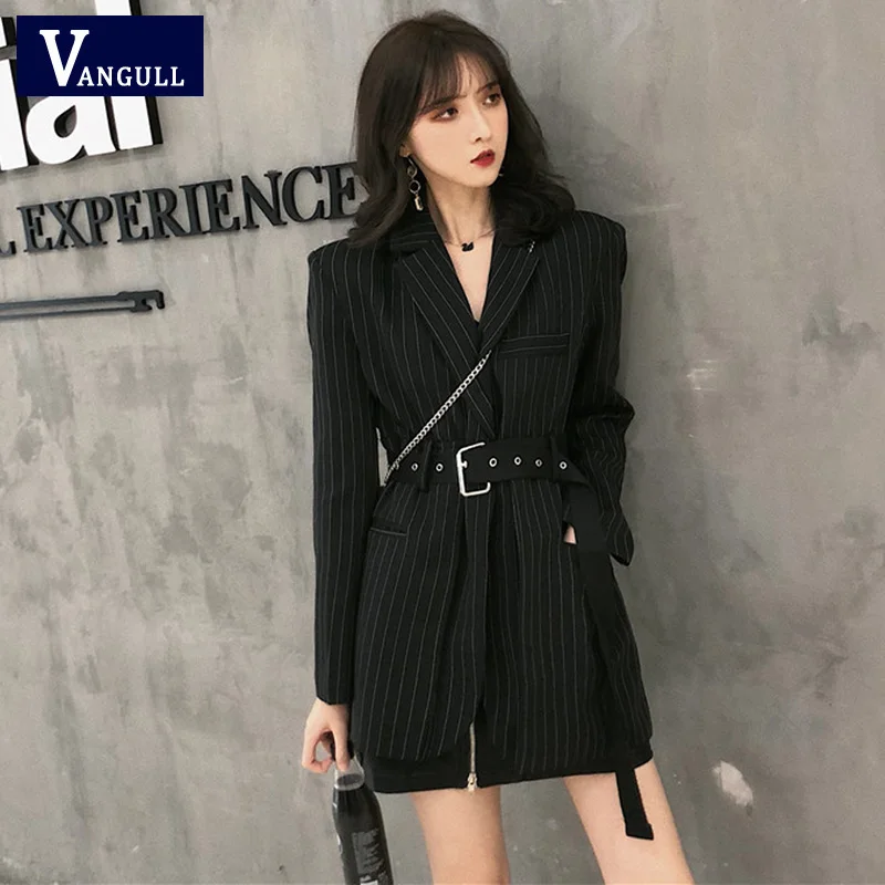 

Vangull Female Striped Sashes Blazer High Quality Notched Full Sleeve Black Woemn Jacket Spring Autumn Loose Suit Streetwear