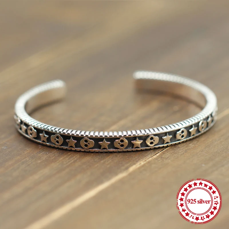 

S925 sterling silver open bracelet retro personality fashion with skull stars modeling couple simple atmosphere jewelry Bangles