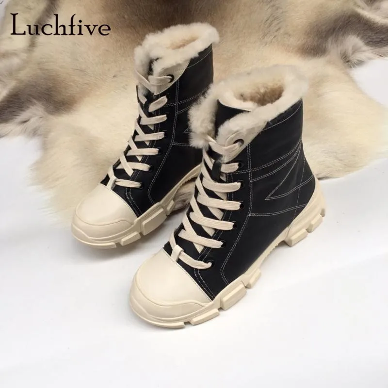 

2018 Fashion Winter snow Boots Women Genuine leather lace up Matin shoes platform Heels real fur ankle Boots warm women shoes