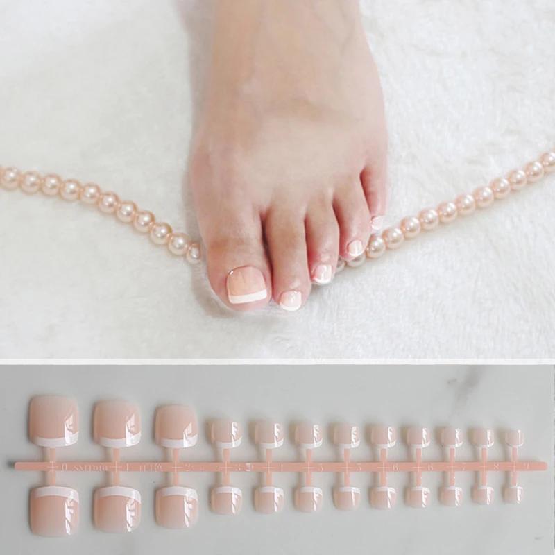 

24 Pcs Artificial candy Nails Shrimp powder Sticker Natural Acrylic French False Toe Nails Tips Art Decor Toenails Pink F010