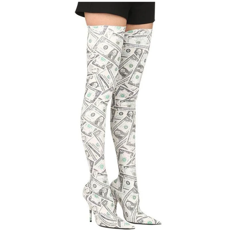 

Hanbaidi Mixed Color US Dollors Long Boots Sexy Stiletto High Heels Pointed Toe Over The Boots Fashon stretch Ankle Boots Woman