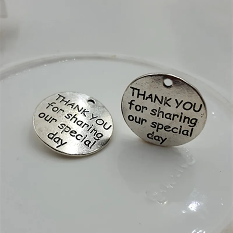 

25mm "THANK YOU for sharing our special day" word charms lot metal jewelry tag, alloy message pendants for bracelet and necklace