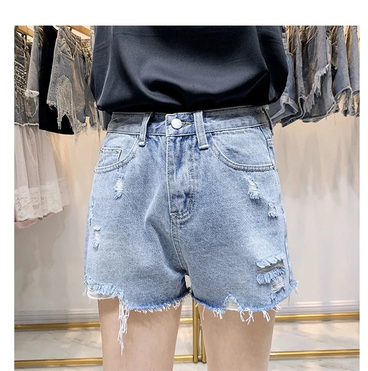 Новый бойфренд блесток джинсовые шорты в стиле пэчворк Женский Высокая талия рваные кисточкой короткие мотобрюки для женщин; большие