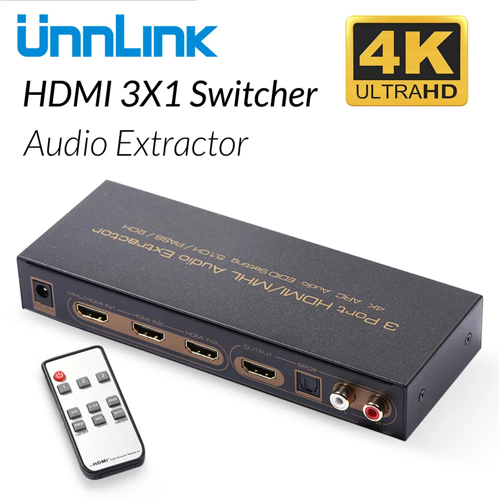 Unnlink HDMI Switch 3x1 UHD 4K@30Hz 3 In 1 Out Audio Extractor HIFI 5.1 SPDIF Toslink Optical 2RCA ARC for TV Stick Chromecast