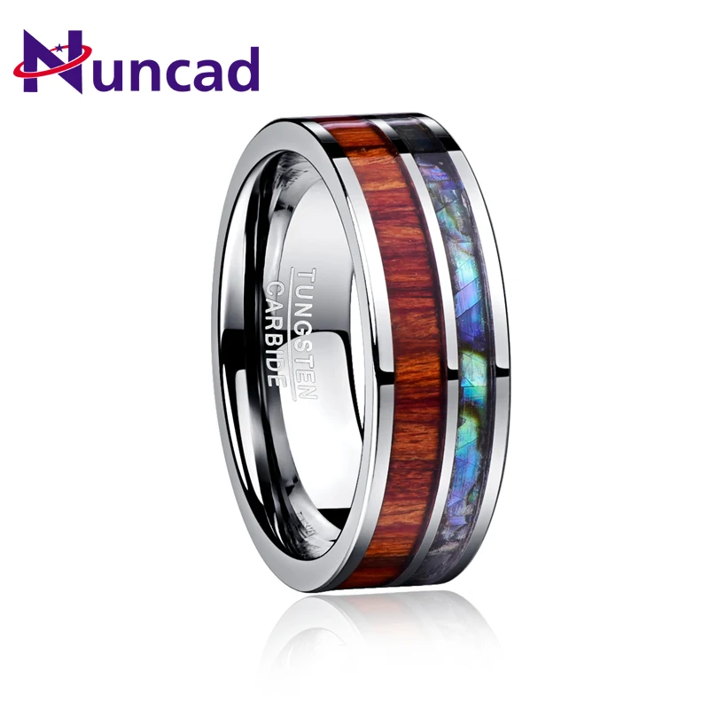 

NUNCAD 8MM Wide Men Rings Polishing Inlay Wood Grain Natural Shell 100% Tungsten Carbide Ring Fashion Gift Jewelry Wholesale
