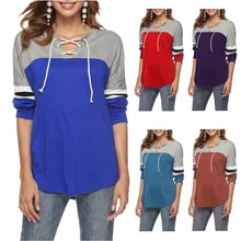 Patchwork Women Hit Color T Shirt Lace Up V Neck Long Sleeves Contrast Color Tee Tops New Autumn Winter Casual Famale Bluas Tops Patchwork Women Hit Color T Shirt Lace Up V Neck Long Sleeves Contrast Color Tee Tops New Autumn Winter Casual Famale Bluas Tops
