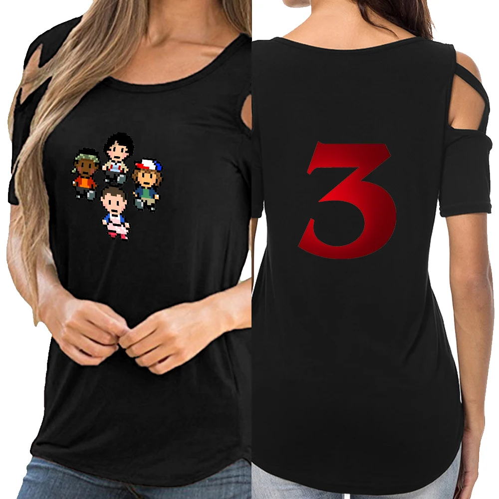 

Stranger Things Fashion Printed Off Shoulder T-shirts Women Summer Short Sleeve Tshirts 2019 Hot Sale Streetwear Hollow Tops
