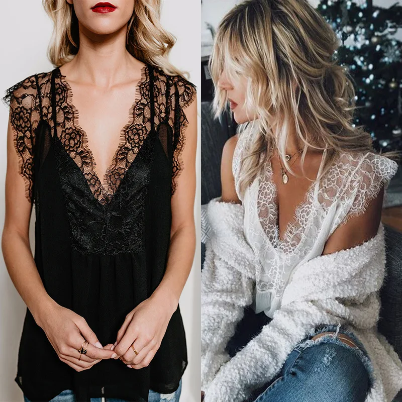 

2019 Women Deep V Neck Sleeveless Black Lace Casual Women Tees Summer Tshirt Sexy Tops and Shirt Summer Clothing