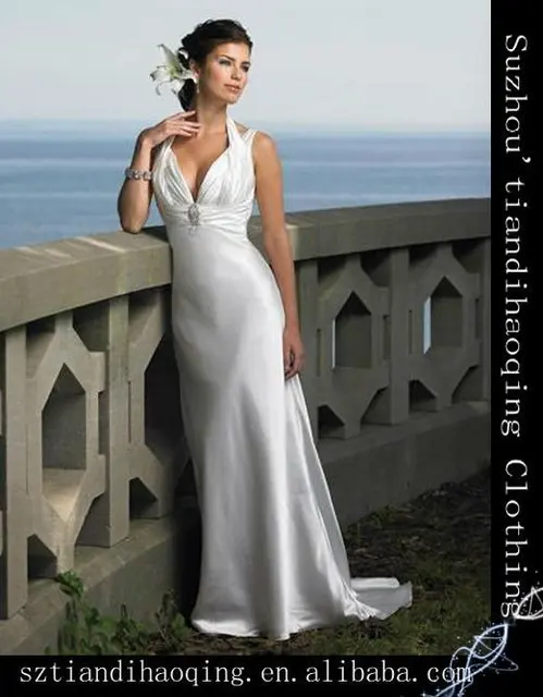 Column Straight Halter V Neck Beading Court Train Silk Like Satin