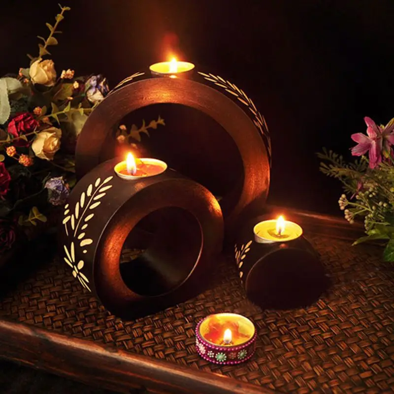 

3pcs Retro Round Wooden Candlestick Candle Holder For Romantic Candlelit Dinner Living Room Dinning Table