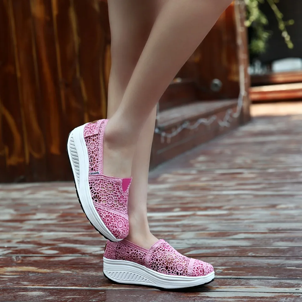 Летние женские туфли без застежки на шнуровке с закрытым средним каблуком 4 см повседневная обувь удобная дышащая обувь для бега на толстой подошве из сетчатого материала