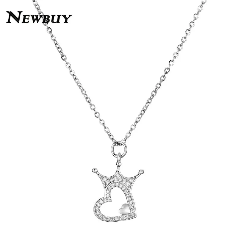 

NEWBUY Fashion Silver/Gold Link Chain Necklace Clear Cubic Zirconia Heart Crown Pendant Necklace For Women Girl Party Jewelry