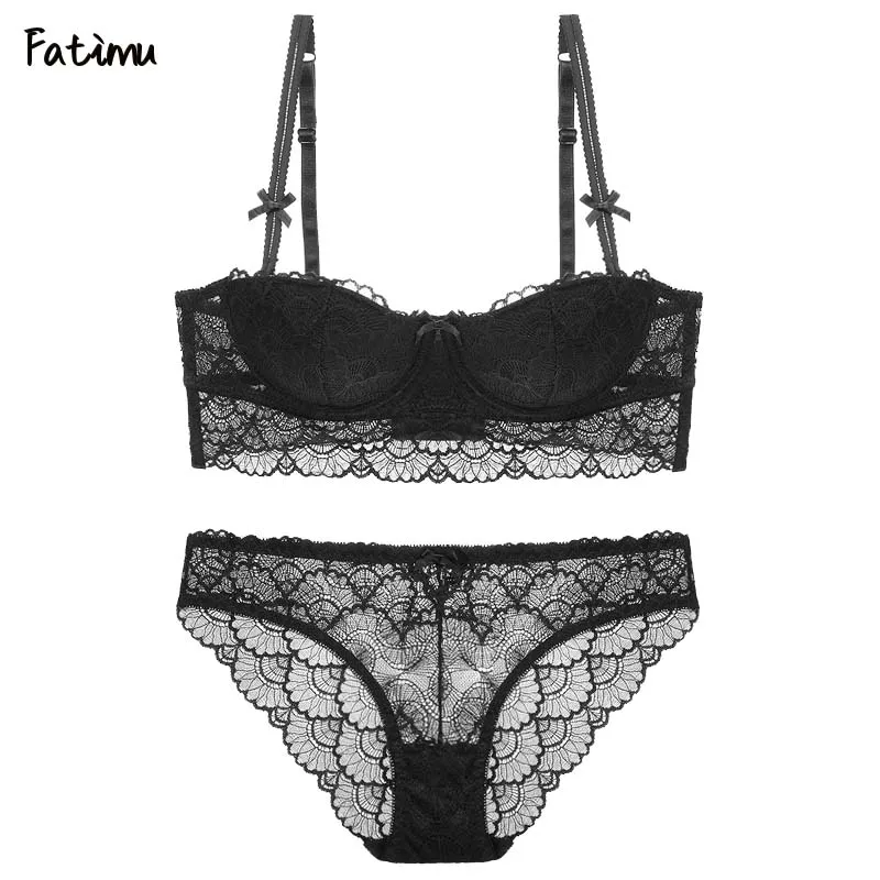 

Fatimu Sexy Lace Bra Set Solid Flower 1/2 Cup Women Underwear Push Up Bra Set Sexy Thong Plus Size Bra Brief Sets
