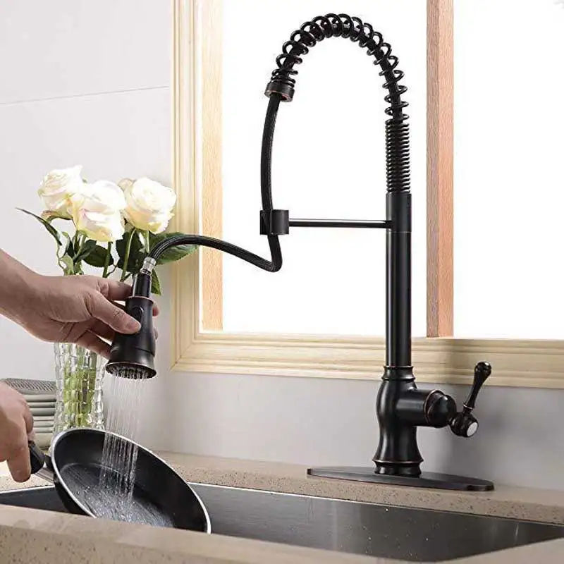 

Antique Spring Single Handle Pull Down Sprayer Oil Rubbed Bronze Kitchen Faucet, Kitchen Faucet Bronze With Deck Plate