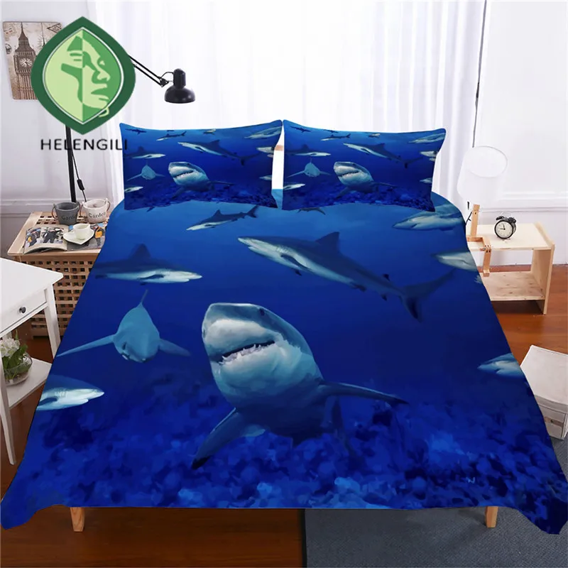 

HELENGILI 3D Bedding Set Shark Print Duvet Cover Set Lifelike Bedclothes with Pillowcase Bed Set Home Textiles #SY-15