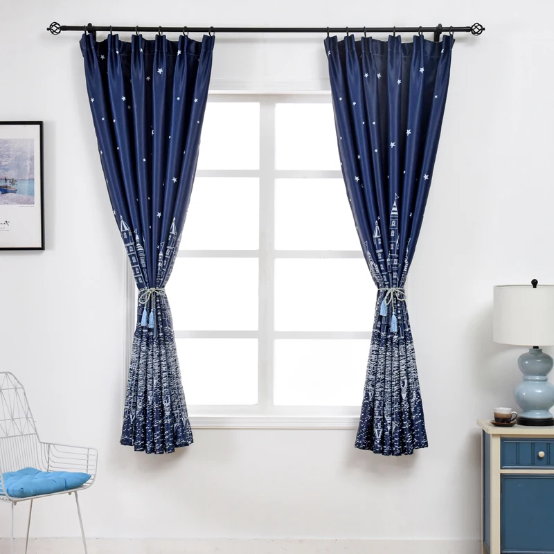 Modern Printed Castle Coffee Color Blackout Curtain For Kids Boys Bedroom Navy Blue Short Curtain Kitchen Window Drapes PC009D3