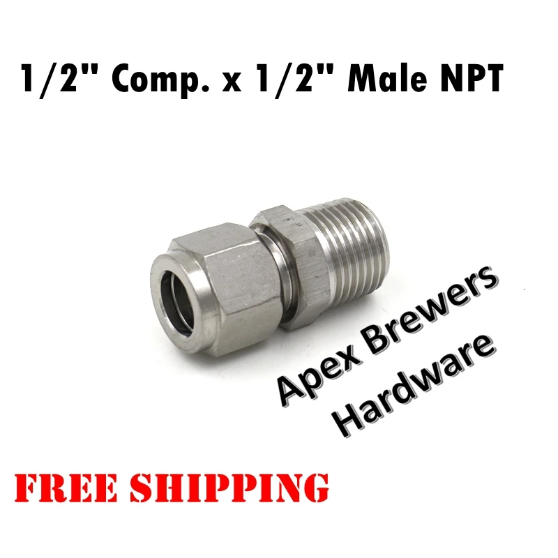 Stainless 1/2" Comp. x 1/2" Male NPT, brewer compression fitting, Free