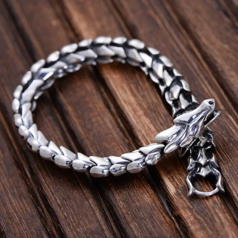 Genuine 925 Sterling Silver Jewelry Heavy Dragon Scale Bracelet For Men