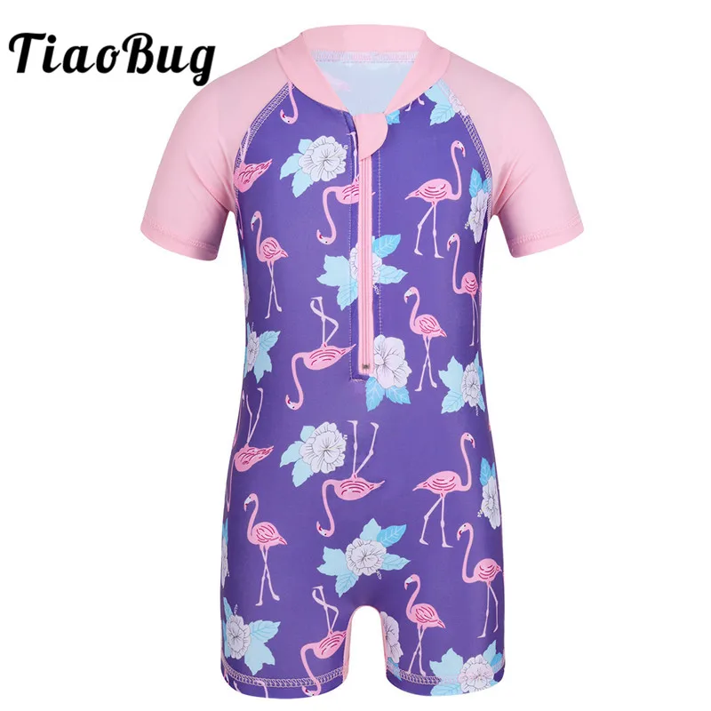 

TiaoBug Baby Girls One-piece Swimsuit Short Sleeves Flower Flamingo Pattern Swimwear Rash Guard Children Toddler Bathing Suit