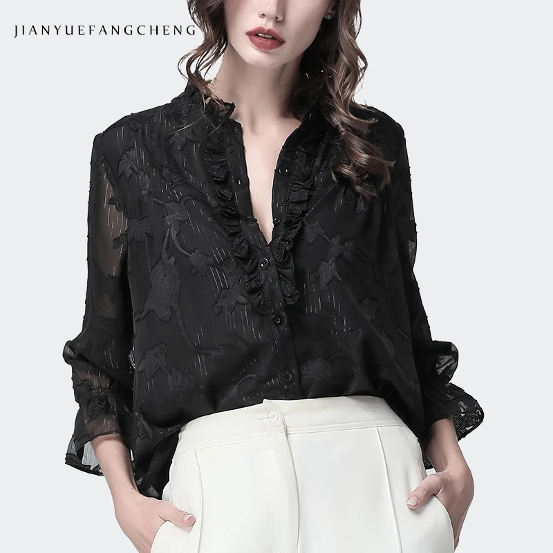 3D Floral Ruffled Tops Women' Blouse Flare Sleeve
