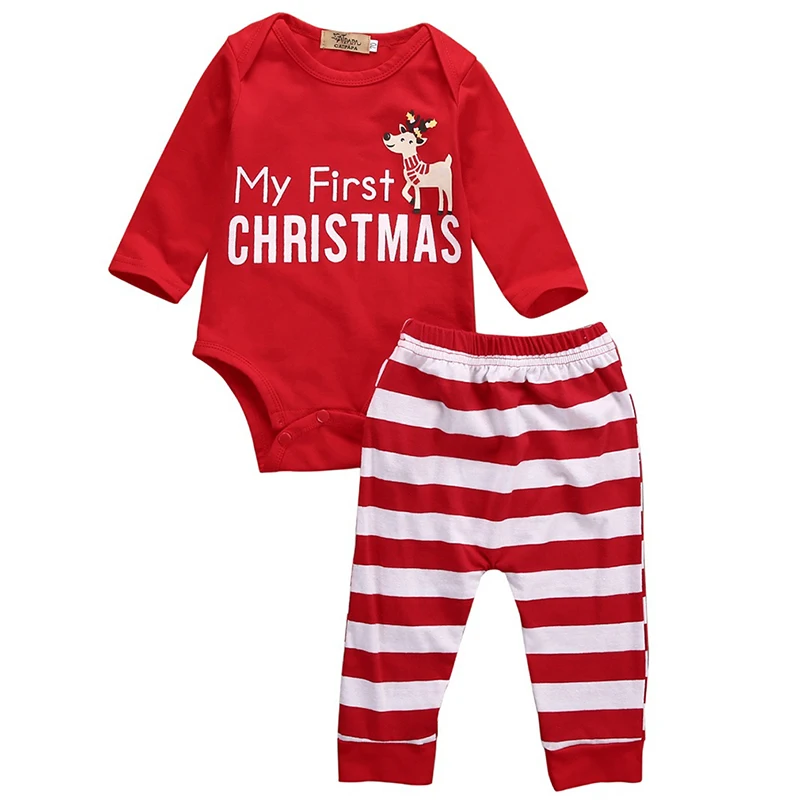 

2018 2PCS My First Christmas Newborn Baby Girls Boys Long Sleeve Romper Top+Striped Pants Outfits Xmas Infant Kids Clothing Set