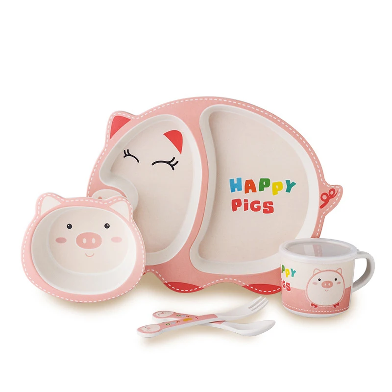 5pcs/set Baby Tableware Cute Pig Children Feeding Dishes Kids Natural Bamboo Fiber Dinnerware With Bowl Fork Cup Spoon Plate 5pcs/set Baby Tableware Cute Pig Children Feeding Dishes Kids Natural Bamboo Fiber Dinnerware With Bowl Fork Cup Spoon Plate