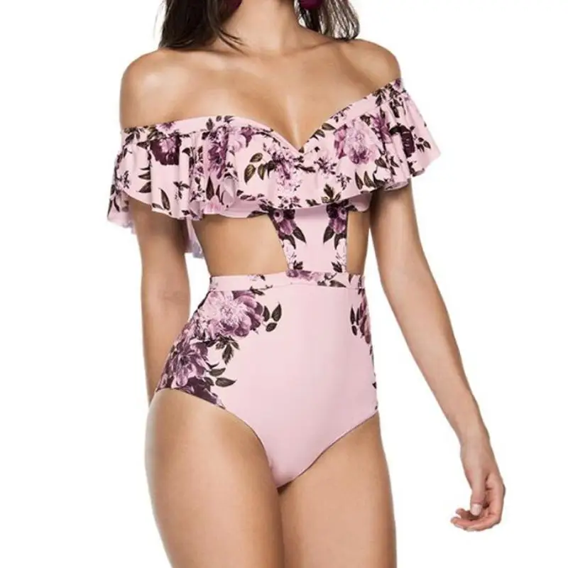 

Women Swimsuit Off Shoulder Ruffles One-Piece Bathing Suit Backless Print Dot Bikini Bandage Monokini Swimwear Beach Clothes