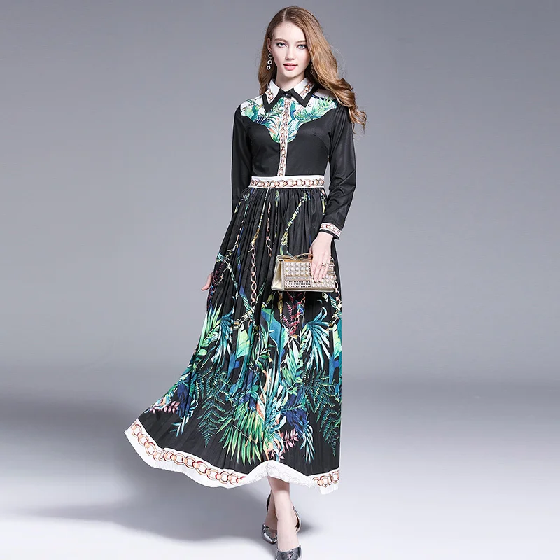 

New Women Fall Runway Fashion Long Sleeve Printed Elegant Vintage Holiday Pleated Plus Size Maxi Dress 2019 Vestido Longo