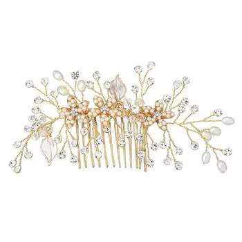 

Fashion Hair Comb Handmade Pearls Flower Crystals Headdress Alloy Leaves Bride Hair Accessories Bridesmaid Hair Decoration (Golden)