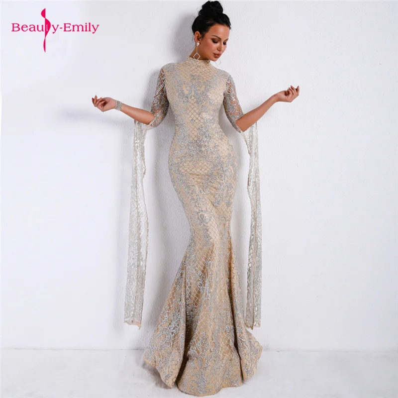 

Beauty Emily 2019 Elegant High Neck Mermaid Dresses Half Sleeve Ribbon Lace Shine Pleated Evening Dresses Party Vestido de noche