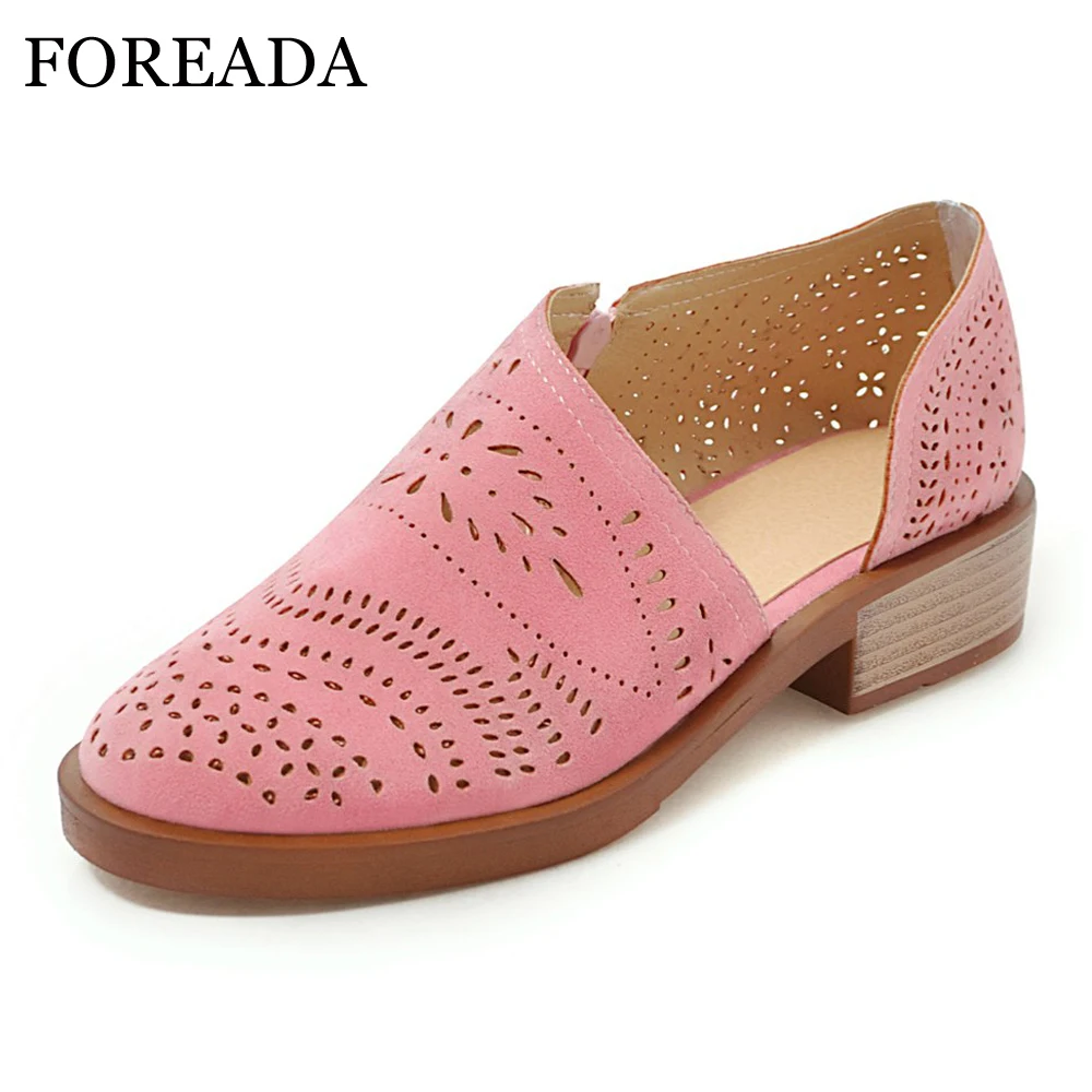 

FOREADA Women Shoes Spring High Heels Zipper Chunky Heels Brogue Shoes Cutout Round Toe Female Shoes Pink Yellow Size 33-39