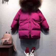 Модное флисовое зимнее пальто для девочек верхняя одежда с меховым воротником утепленное пуховое пальто средней длины с хлопковой подкладкой