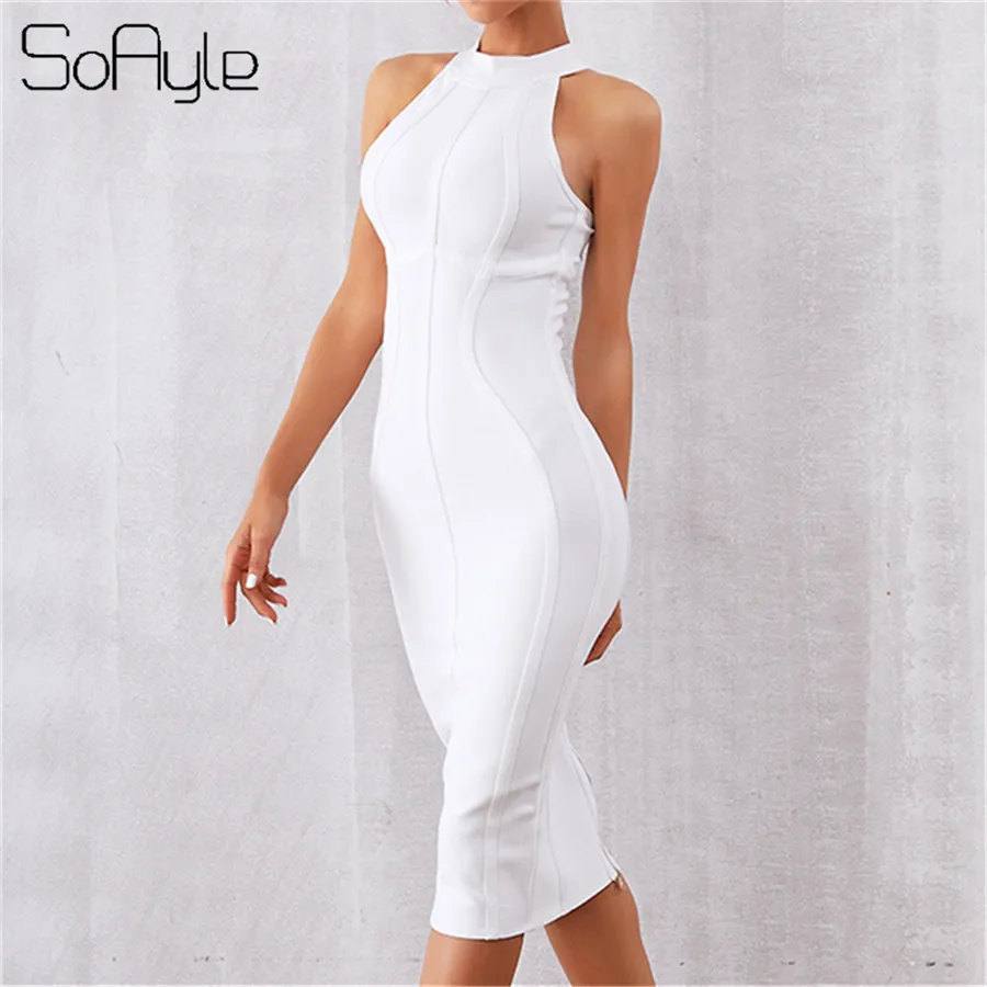 SoAyle Junoesque 2019 Jewel Белый Простые Модные Бандажное платье без рукавов до колена Длина