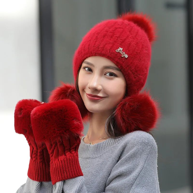 

Wool Ski Rabbit Fur Hats Knitting Faux Fox Fur Hat Pom Poms Hat Beanies Skullies Winter Hat for Women Caps Thick with Fur Gloves