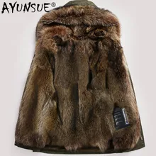 AYUNSUE, натуральное меховое пальто, Мужская парка, Длинная зимняя куртка, натуральный мех енота, подкладка, теплая, роскошная, куртки, парки, Hombre 81716, KJ2442