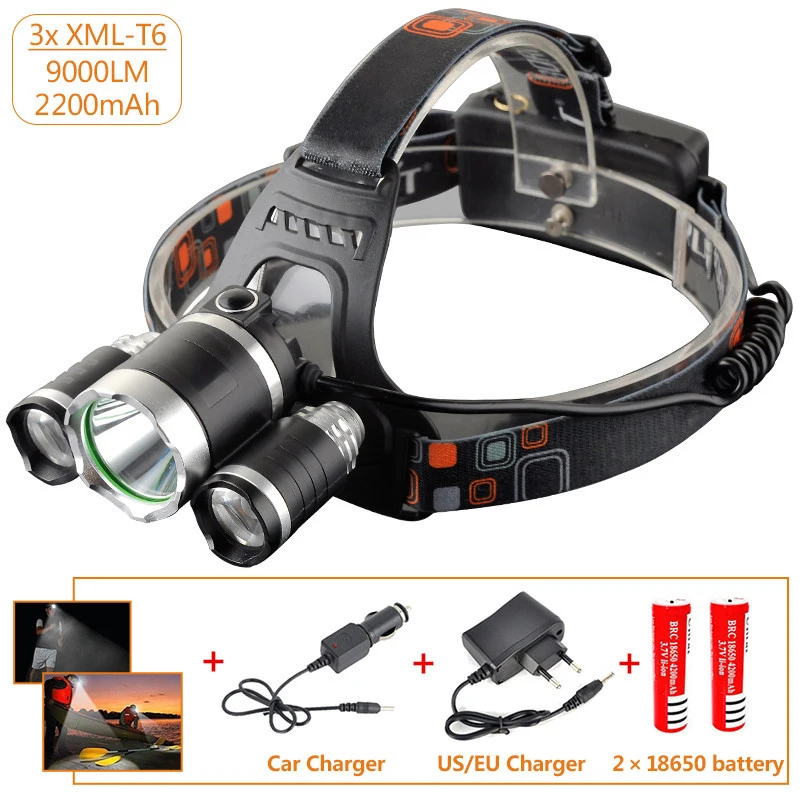 

9000Lm Led Headlight Headlamp T6+2R5 Rechargeable Flashlight Head Lamp Light Torch Linterna led+2*18650 battery+Car charger