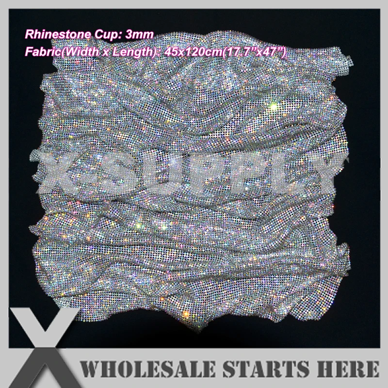 

3mm(45x120cm) Metal Rhinestone Fabric Mesh Without Iron On Glue,Crystal AB Rhinestone in Silver Base