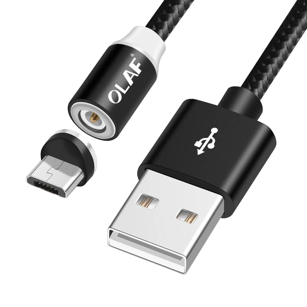 Олаф Магнитный кабель USB кабель с нейлоновой оплеткой Магнит Micro USB кабель для huawei данных Зарядное устройство для подключения кабеля к кабелю для Xiaomi samsung Android мобильного телефона - Цвет: Black