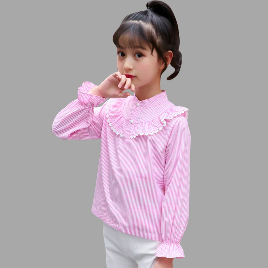 Girls Blouse Long Sleeve School Blouse For Girls Striped Buttons Autumn