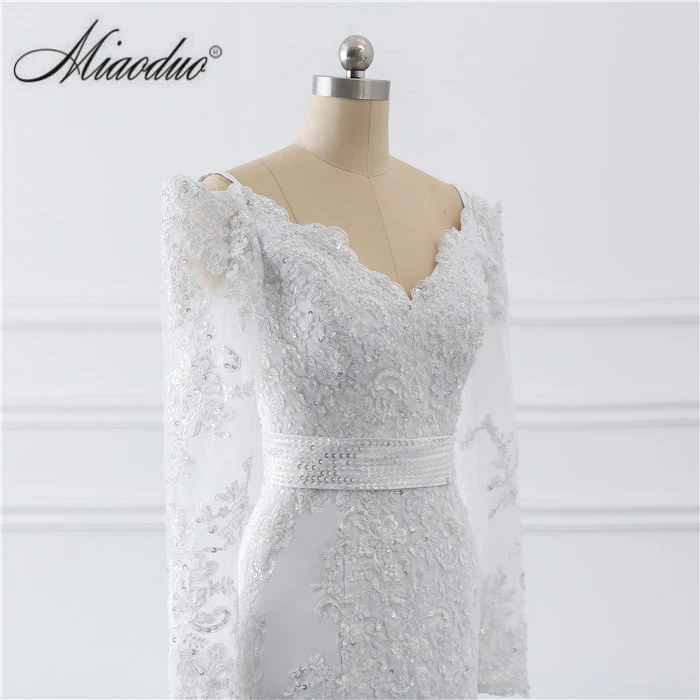 Свадебное платье русалки с длинными рукавами, v-образный вырез,, белые свадебные платья с кружевными аппликациями на молнии сзади, vestido de novia trouwjurk