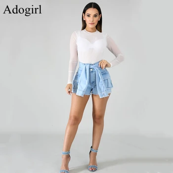 

Summer Women Denim Shorts Casual High Waisted Berr Ripped Hole Short Jeans Mini Button Unique Design Long Sleeve Sashes