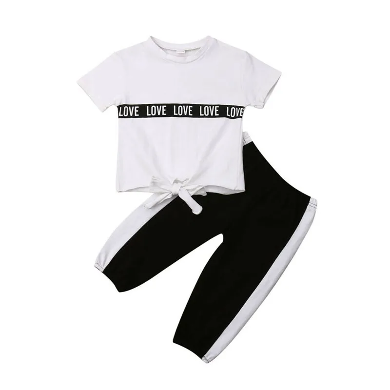 

2019 New Summer Newborn Toddler Kids Baby Girls Love Letter Print T-shirt Tops+Long Pants Set Cotton Outfits Tracksuit Sets 1-5Y