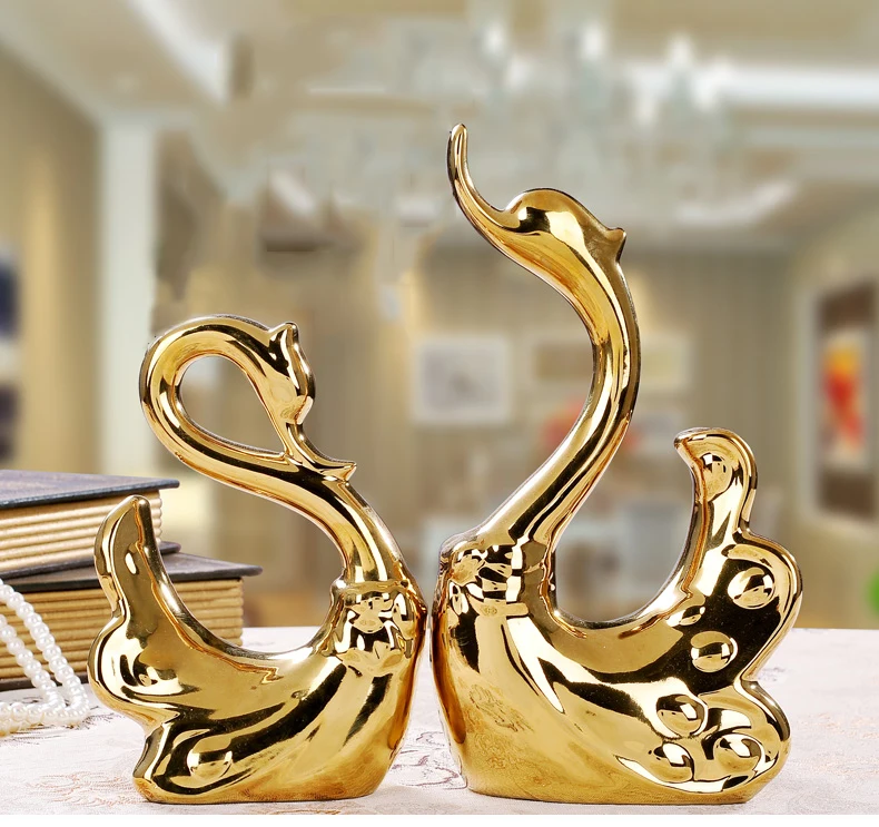 Современный цвета: золотистый, серебристый Керамика фигурка лебедя ремесел дома гостиной, ТВ шкаф украшения фэншуй офисные принадлежности искусство