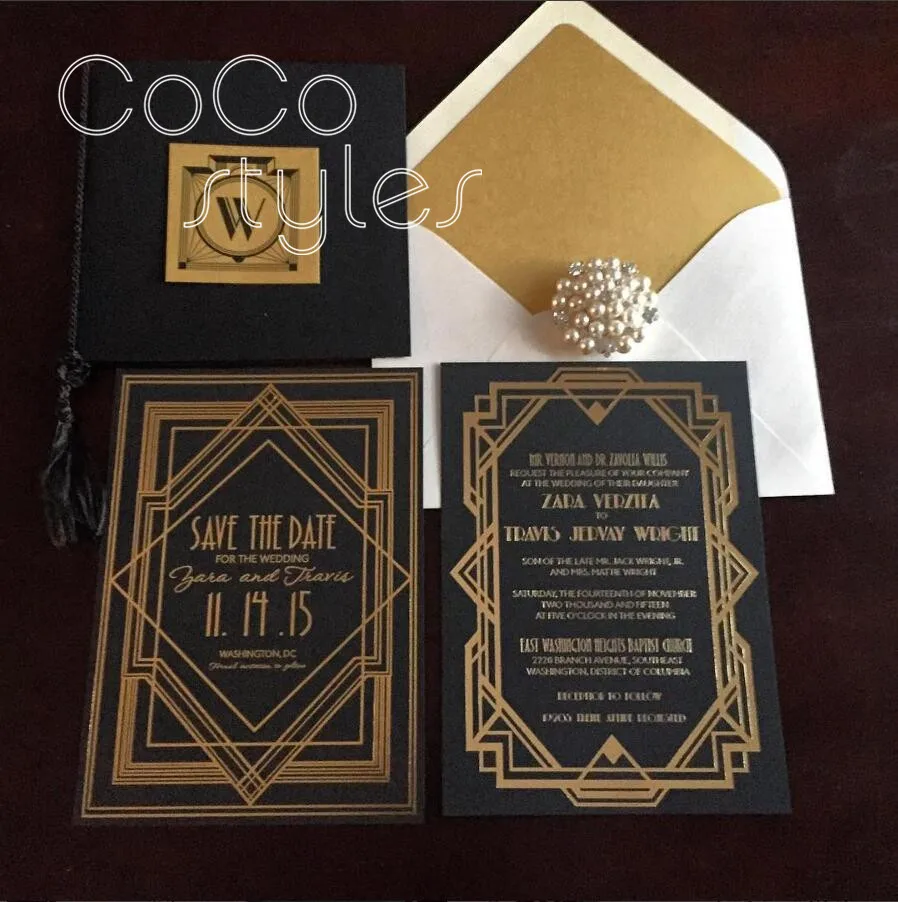  Cocostyles customized high end gold foil black golden design invitation card with matching envelope - 32889956438