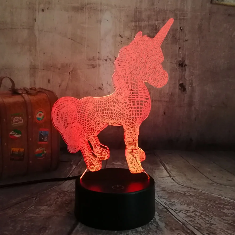 Koop 2018 Mooie Eenhoorn Romantische Gift 3D LED Tafellamp 7 Kleur Veranderen Nachtlampje Room Decor Lustre Vakantie Vriendin Kids speelgoed
