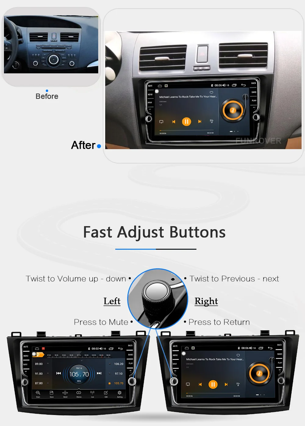 Best Funrover android 9.0 2 din car dvd multimedia player For Mazda 3 Axela 2009-2012 radio gps navigation stereo system DSP 64GB RDS 13