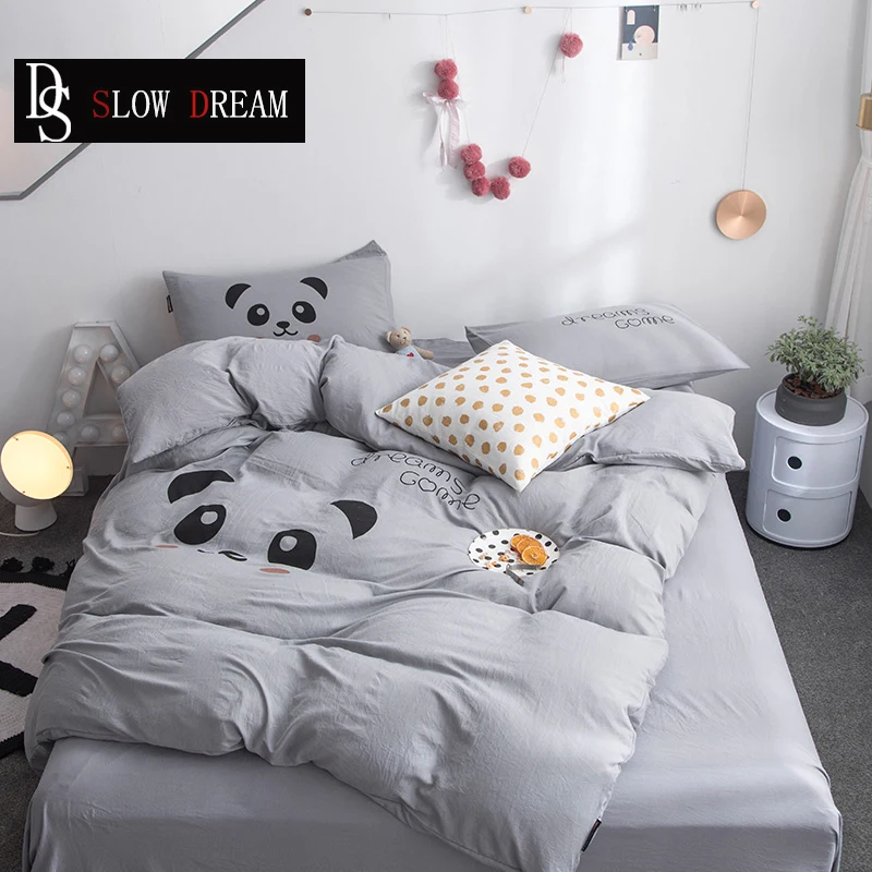 Slowdream Cartoon Panda Bedding Set Home Textiles Gray Duvet Cover